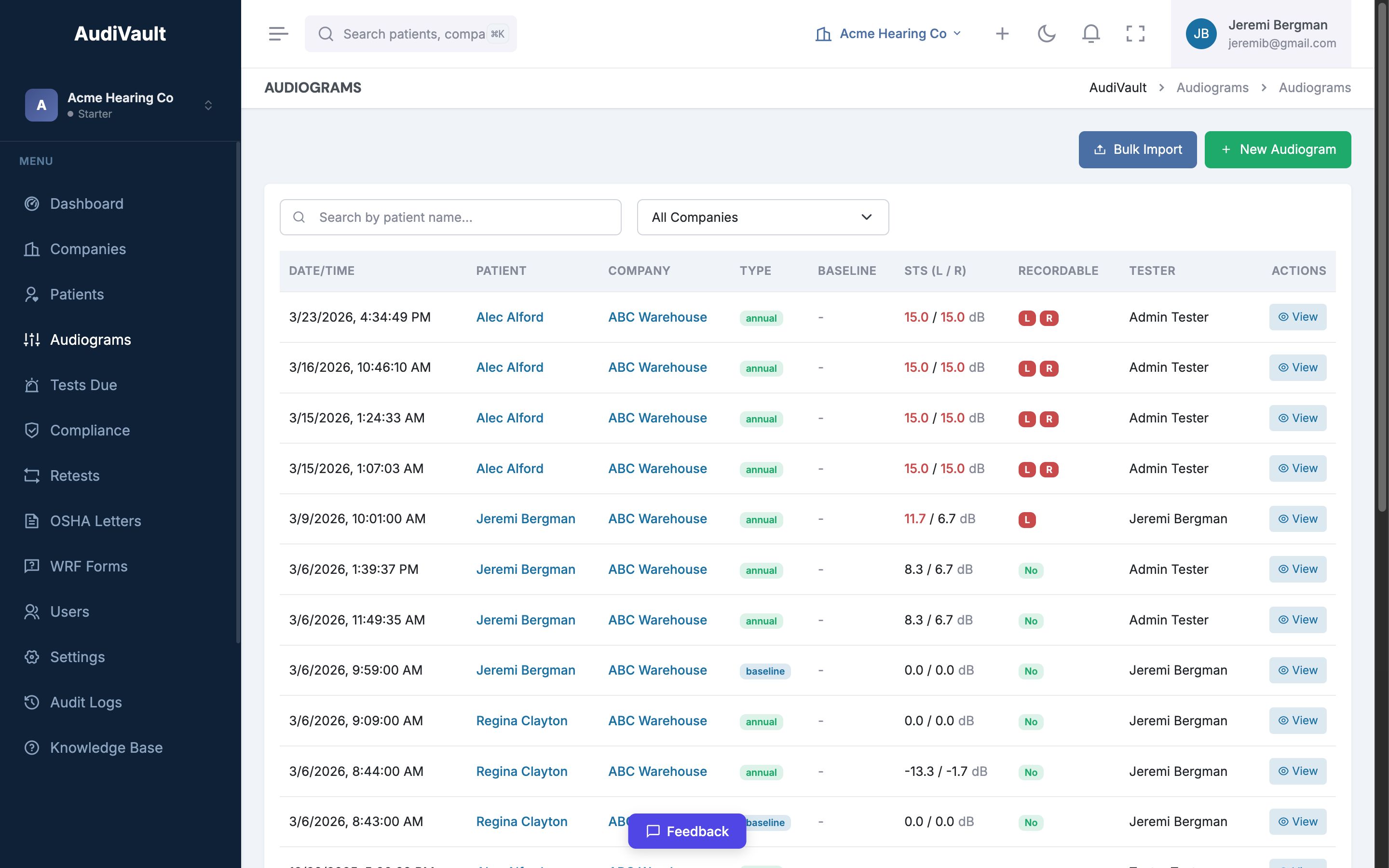 Audiogram list with baseline and annual tests