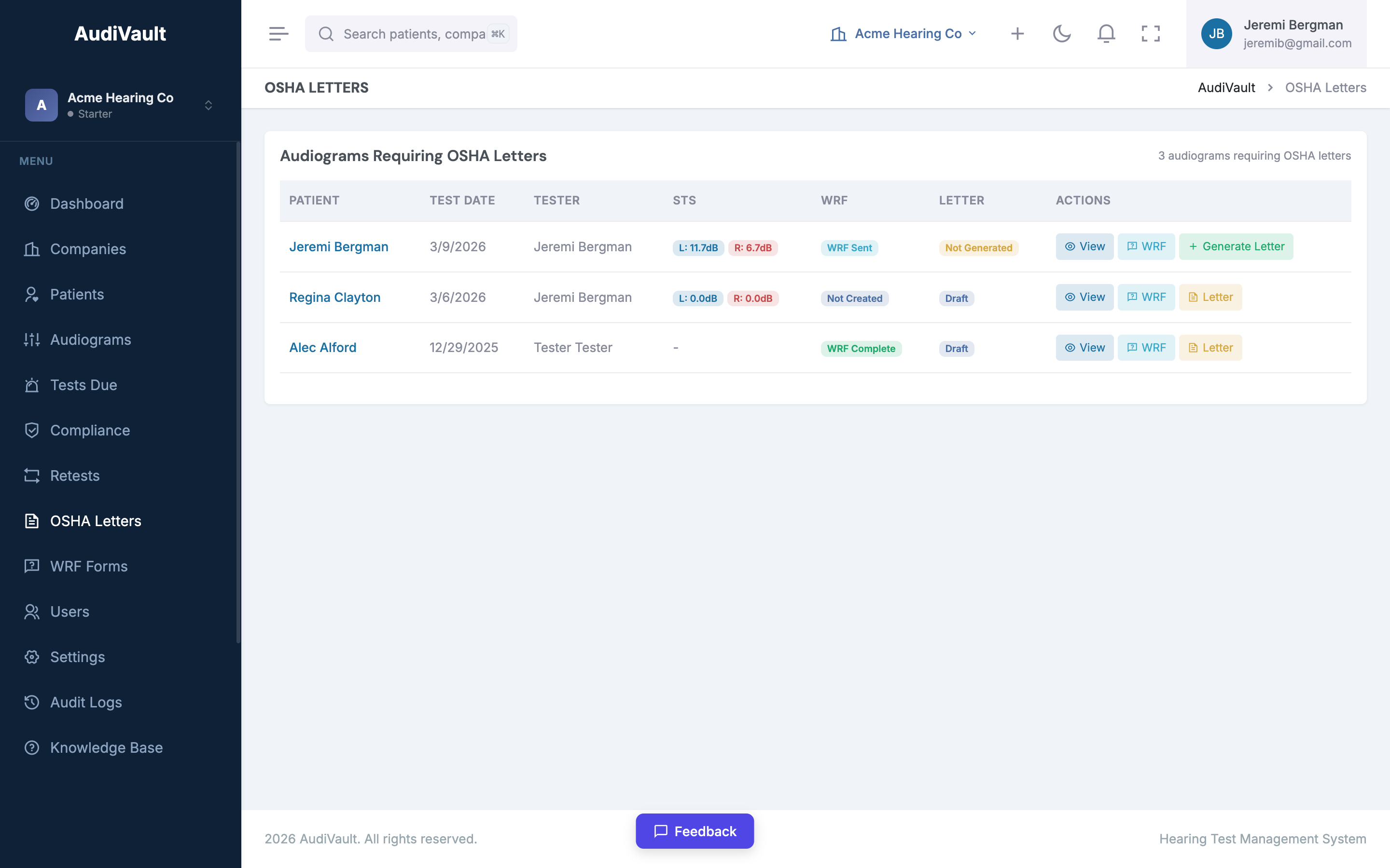 OSHA letters queue showing audiograms requiring letters with STS values, WRF status, and letter generation