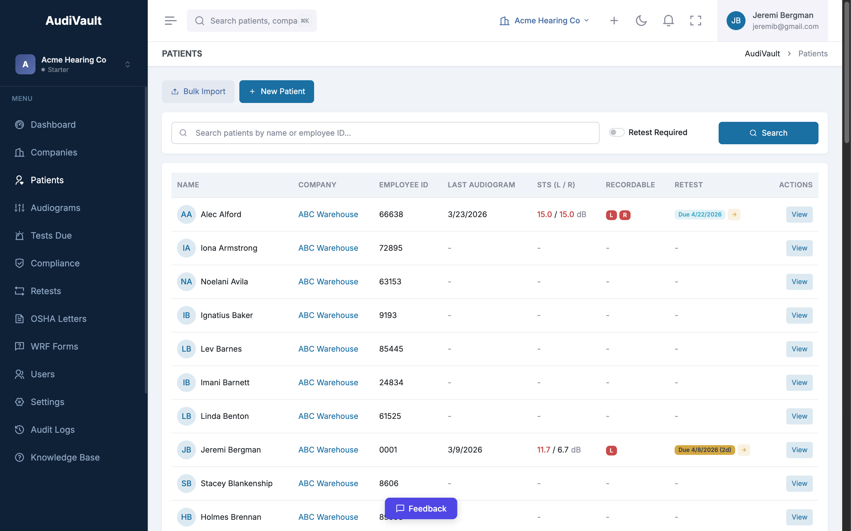 AudiVault patient management — searchable list of employees with STS status, last audiogram date, and compliance indicators